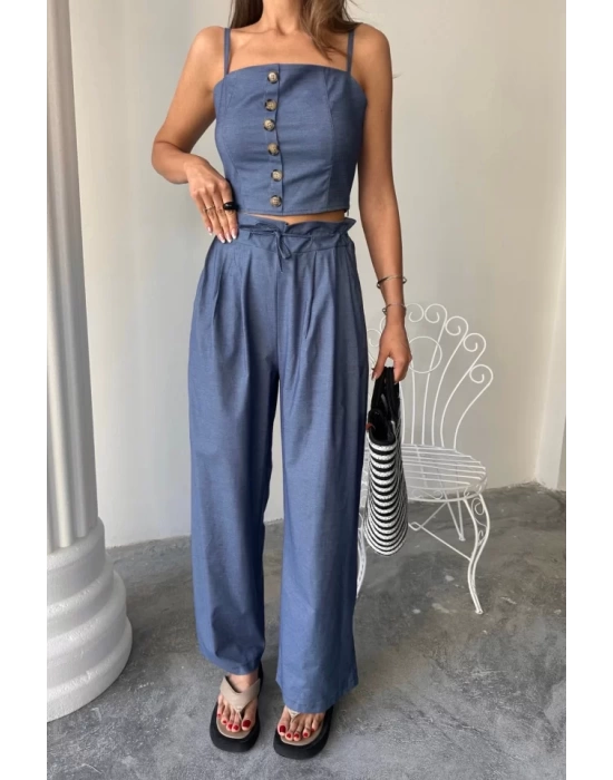 TENCEL CROP ASKILI BLUZ - ŞALVAR PANTOLON TK - İndigo
