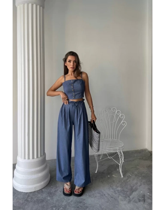 TENCEL CROP ASKILI BLUZ - ŞALVAR PANTOLON TK - İndigo