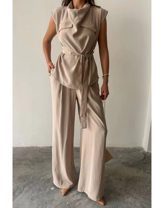 TENCEL MODAL KOLSUZ BLUZ KAPALI CEP DETAYLI DÖKÜMLÜ - PANTOLON TAKIM - Bej