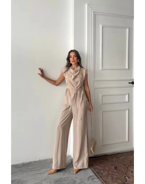 TENCEL MODAL KOLSUZ BLUZ KAPALI CEP DETAYLI DÖKÜMLÜ - PANTOLON TAKIM - Bej