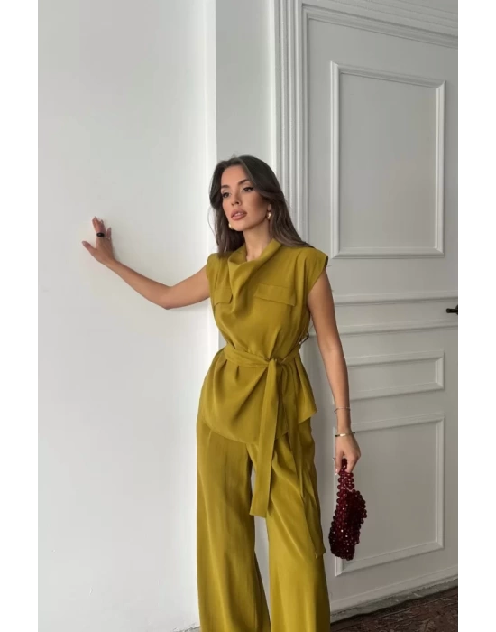 TENCEL MODAL KOLSUZ BLUZ KAPALI CEP DETAYLI DÖKÜMLÜ - PANTOLON TAKIM - Yağ Yeşili