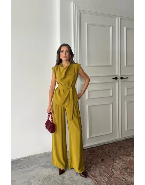 TENCEL MODAL KOLSUZ BLUZ KAPALI CEP DETAYLI DÖKÜMLÜ - PANTOLON TAKIM - Yağ Yeşili