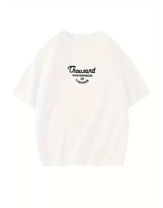 Thousand Baskılı Oversize Bisiklet Yaka T-shirt - Beyaz
