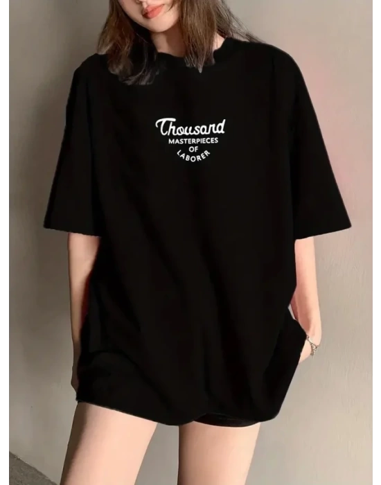 Thousand Baskılı Oversize Bisiklet Yaka T-shirt - Siyah