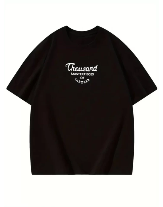 Thousand Baskılı Oversize Bisiklet Yaka T-shirt - Siyah