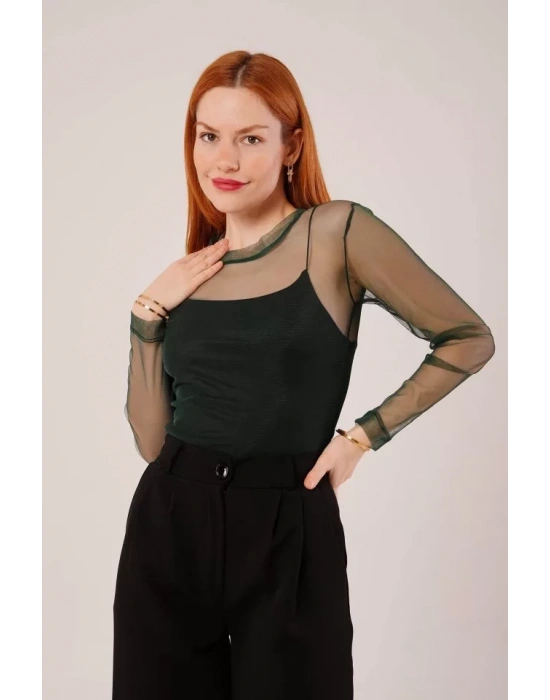 Transparan Yeşil Tül Basic Bluz