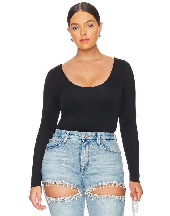 bysoca Kadın Siyah Uzun Kollu U Yaka İpek Jarse Vücudu Saran Basic Bodysuit