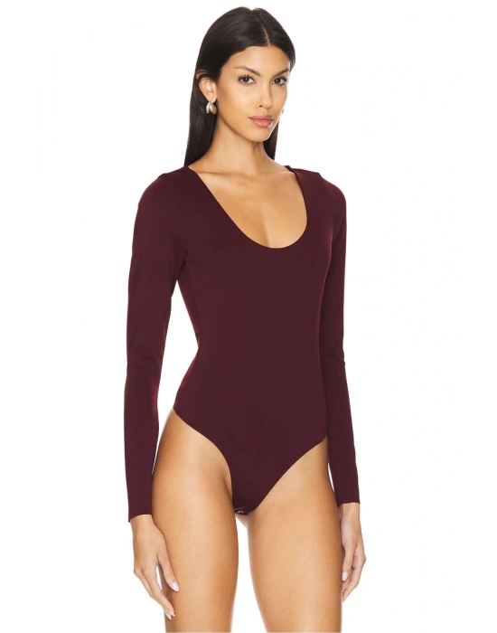 bysoca Kadın Bordo Uzun Kollu U Yaka İpek Jarse Vücudu Saran Basic Bodysuit