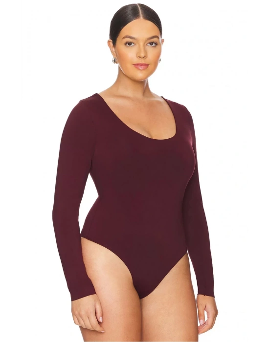 bysoca Kadın Bordo Uzun Kollu U Yaka İpek Jarse Vücudu Saran Basic Bodysuit