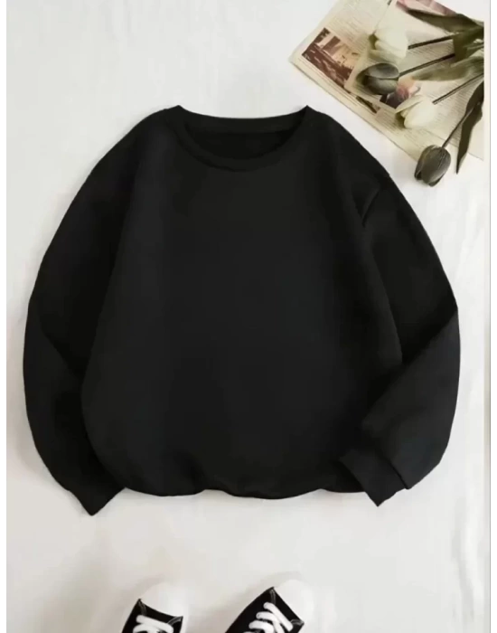 Üç İplik Biskilet Yaka Basic SweatShirt - Siyah
