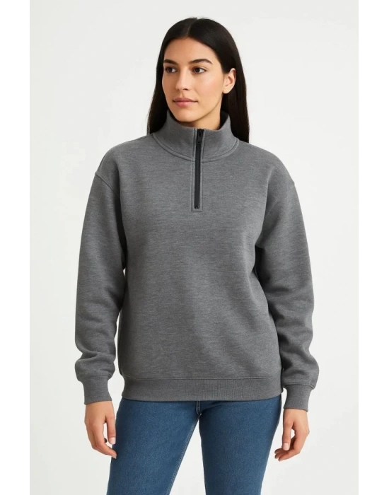 bysoca Kadın Dik Yaka Yarım Fermuarlı Düşük Omuz Uzun Kol Ribanalı Rahat Kalıp Sweatshirt - Antrasit