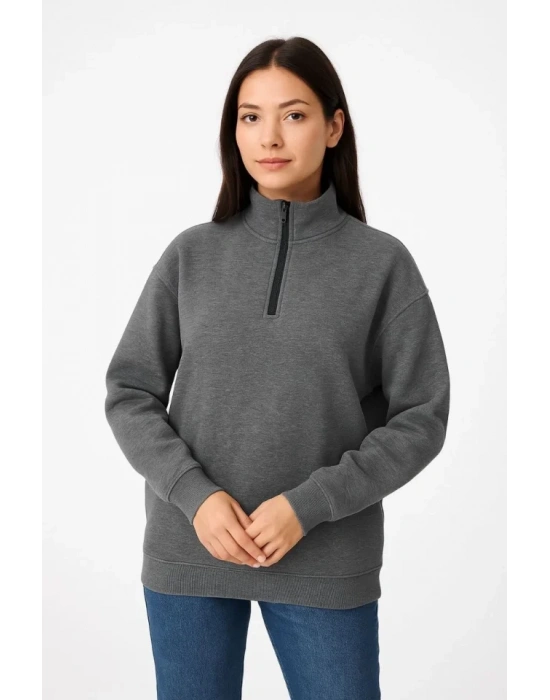 bysoca Kadın Dik Yaka Yarım Fermuarlı Düşük Omuz Uzun Kol Ribanalı Rahat Kalıp Sweatshirt - Antrasit