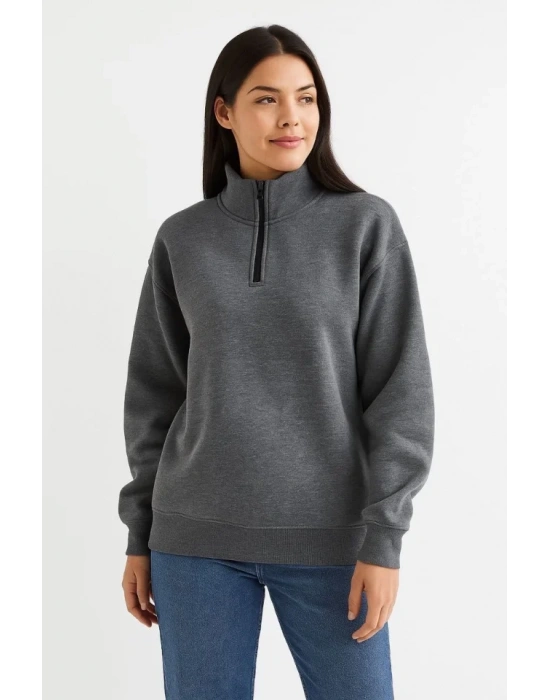 bysoca Kadın Dik Yaka Yarım Fermuarlı Düşük Omuz Uzun Kol Ribanalı Rahat Kalıp Sweatshirt - Antrasit