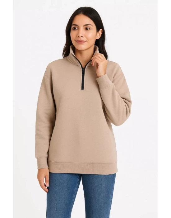 bysoca Kadın Dik Yaka Yarım Fermuarlı Düşük Omuz Uzun Kollu Ribanalı Rahat Kalıp Sweatshirt - Bej