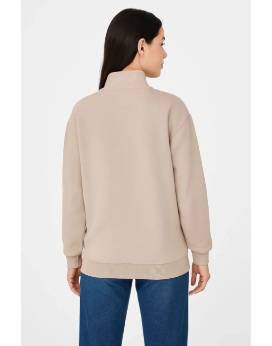bysoca Kadın Dik Yaka Yarım Fermuarlı Düşük Omuz Uzun Kollu Ribanalı Rahat Kalıp Sweatshirt - Bej