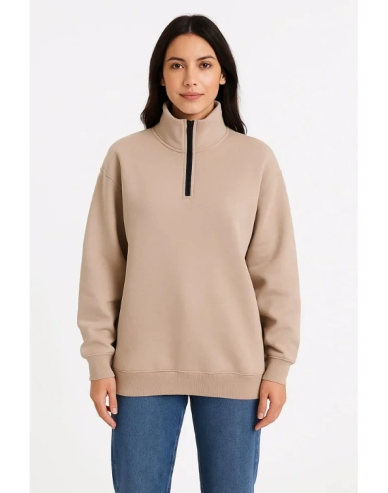 bysoca Kadın Dik Yaka Yarım Fermuarlı Düşük Omuz Uzun Kollu Ribanalı Rahat Kalıp Sweatshirt - Bej