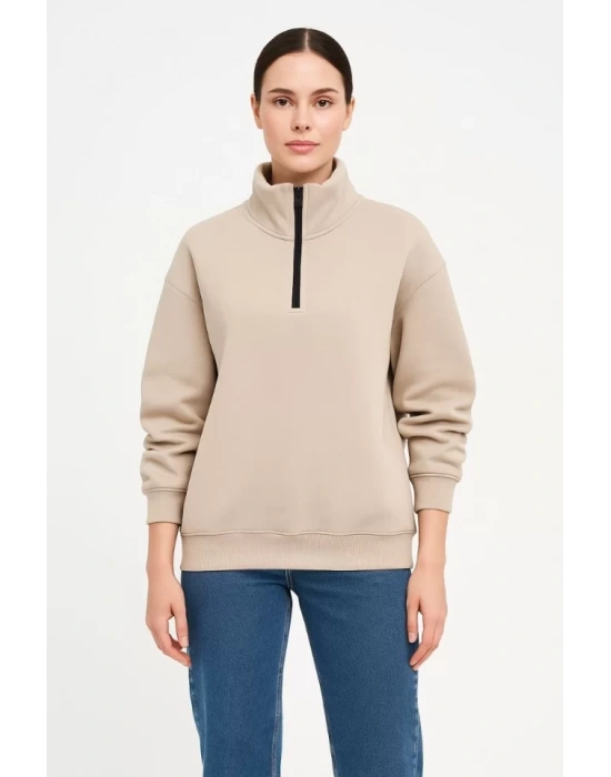 bysoca Kadın Dik Yaka Yarım Fermuarlı Düşük Omuz Uzun Kollu Ribanalı Rahat Kalıp Sweatshirt - Bej