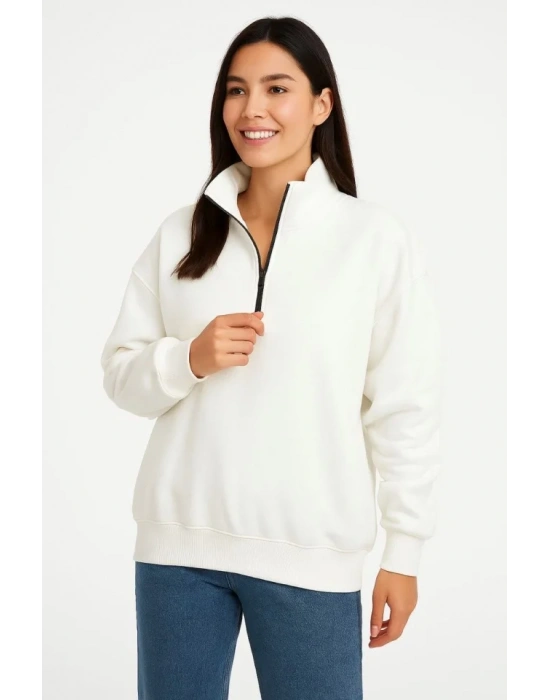 bysoca Kadın Dik Yaka Yarım Fermuarlı Düşük Omuz Uzun Kollu Ribanalı Rahat Kalıp Sweatshirt - Beyaz