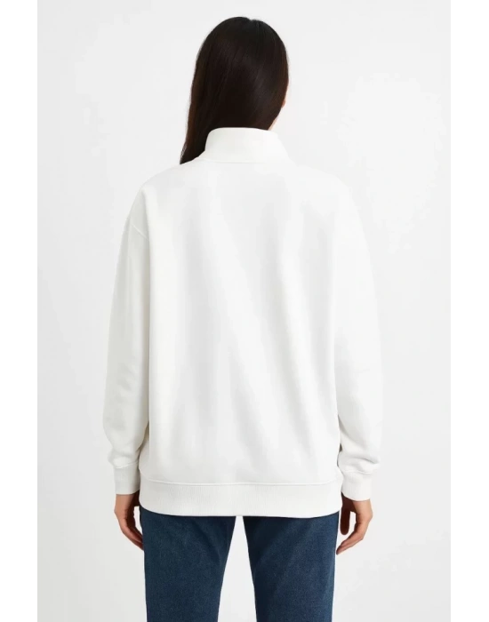 bysoca Kadın Dik Yaka Yarım Fermuarlı Düşük Omuz Uzun Kollu Ribanalı Rahat Kalıp Sweatshirt - Beyaz