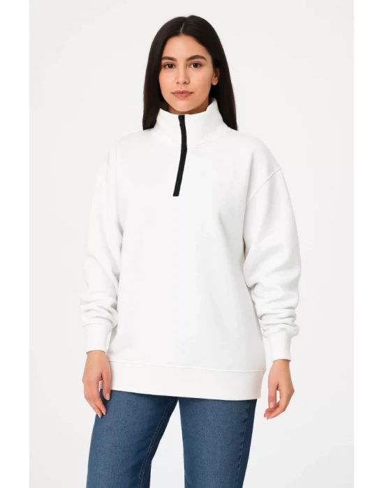 bysoca Kadın Dik Yaka Yarım Fermuarlı Düşük Omuz Uzun Kollu Ribanalı Rahat Kalıp Sweatshirt - Beyaz