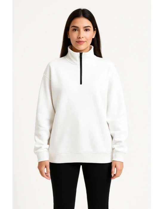 bysoca Kadın Dik Yaka Yarım Fermuarlı Düşük Omuz Uzun Kollu Ribanalı Rahat Kalıp Sweatshirt - Beyaz