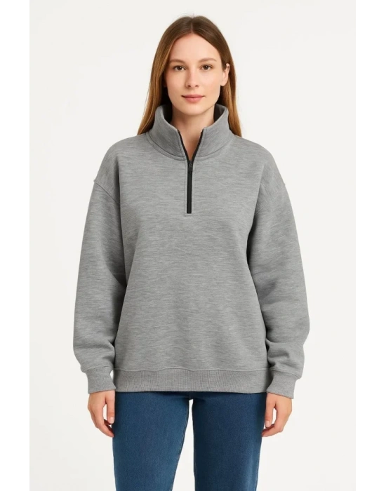bysoca Kadın Dik Yaka Yarım Fermuarlı Düşük Omuz Uzun Kollu Ribanalı Rahat Kalıp Sweatshirt - Gri