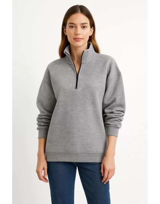 bysoca Kadın Dik Yaka Yarım Fermuarlı Düşük Omuz Uzun Kollu Ribanalı Rahat Kalıp Sweatshirt - Gri