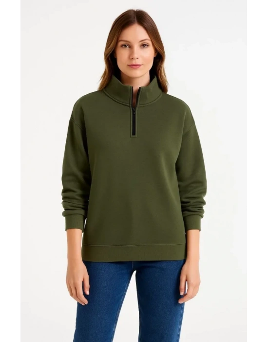 bysoca Kadın Dik Yaka Yarım Fermuarlı Düşük Omuz Uzun Kollu Ribanalı Rahat Kalıp Sweatshirt - Haki