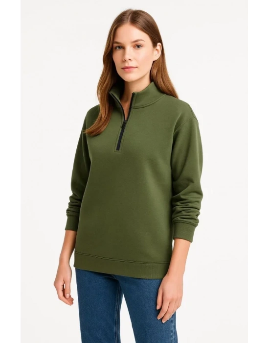 bysoca Kadın Dik Yaka Yarım Fermuarlı Düşük Omuz Uzun Kollu Ribanalı Rahat Kalıp Sweatshirt - Haki