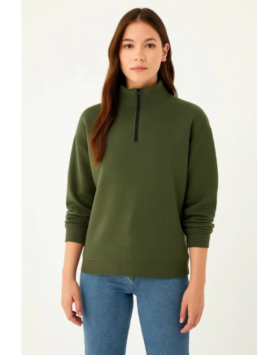 bysoca Kadın Dik Yaka Yarım Fermuarlı Düşük Omuz Uzun Kollu Ribanalı Rahat Kalıp Sweatshirt - Haki