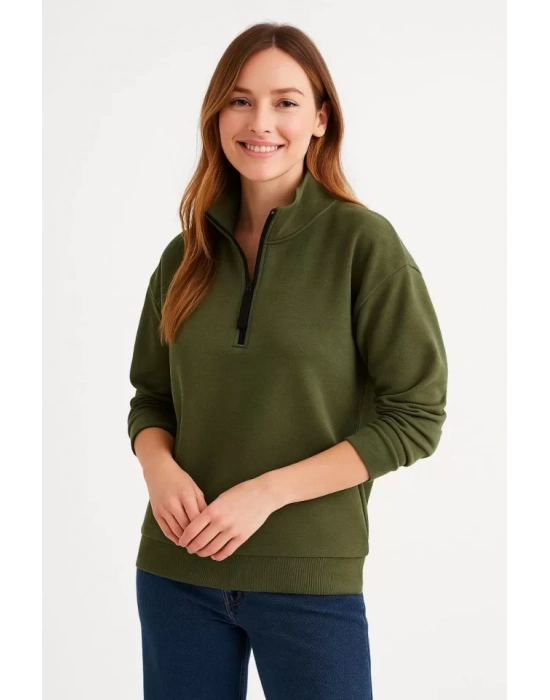 bysoca Kadın Dik Yaka Yarım Fermuarlı Düşük Omuz Uzun Kollu Ribanalı Rahat Kalıp Sweatshirt - Haki