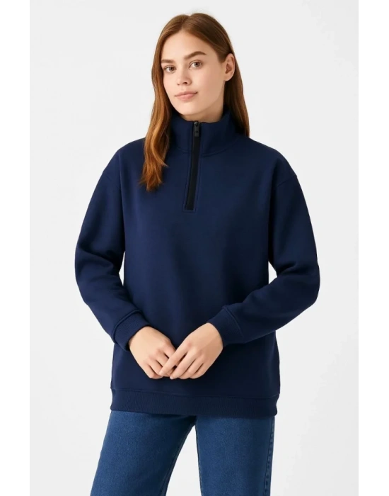 bysoca Kadın Dik Yaka Yarım Fermuarlı Düşük Omuz Uzun Kol Ribanalı Rahat Kalıp Sweatshirt - Lacivert