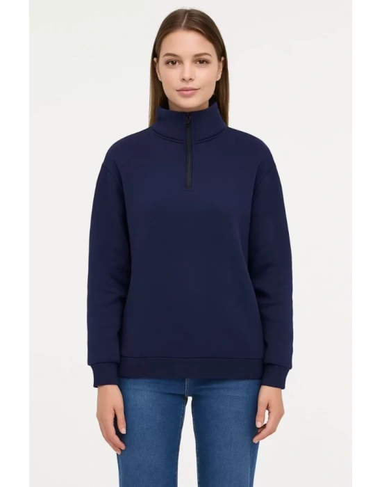 bysoca Kadın Dik Yaka Yarım Fermuarlı Düşük Omuz Uzun Kol Ribanalı Rahat Kalıp Sweatshirt - Lacivert