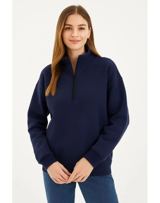 bysoca Kadın Dik Yaka Yarım Fermuarlı Düşük Omuz Uzun Kol Ribanalı Rahat Kalıp Sweatshirt - Lacivert