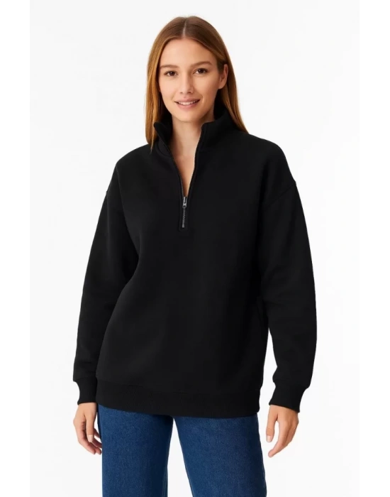 bysoca Kadın Dik Yaka Yarım Fermuarlı Düşük Omuz Uzun Kollu Ribanalı Rahat Kalıp Sweatshirt - Siyah