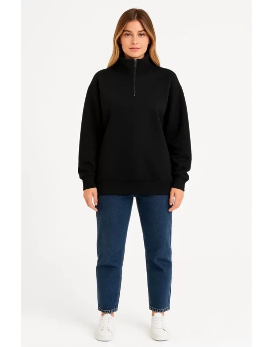 bysoca Kadın Dik Yaka Yarım Fermuarlı Düşük Omuz Uzun Kollu Ribanalı Rahat Kalıp Sweatshirt - Siyah