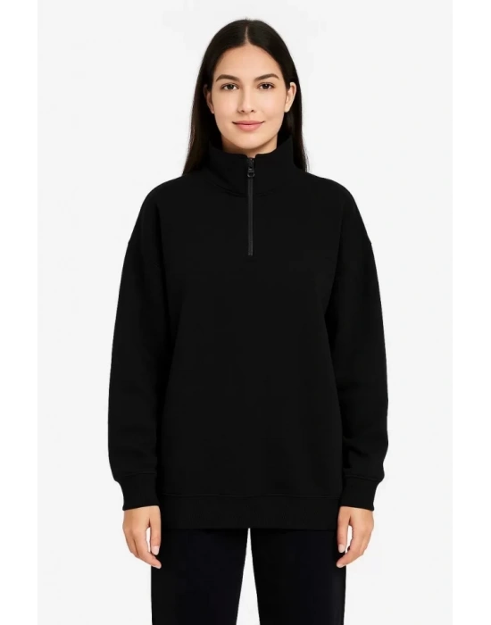 bysoca Kadın Dik Yaka Yarım Fermuarlı Düşük Omuz Uzun Kollu Ribanalı Rahat Kalıp Sweatshirt - Siyah