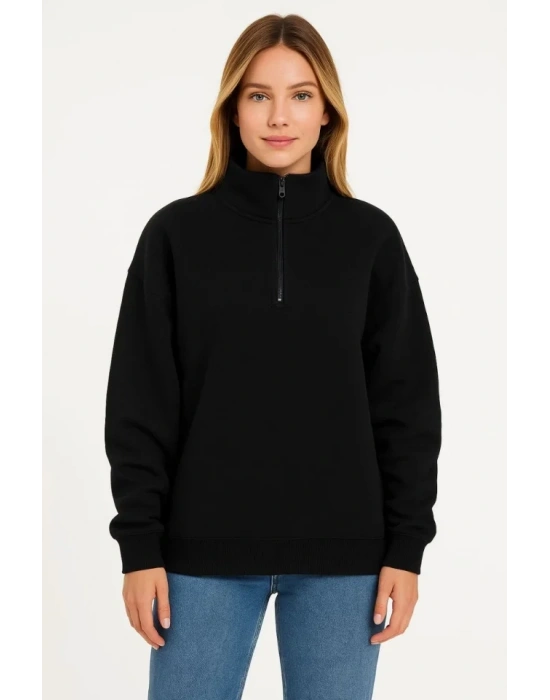 bysoca Kadın Dik Yaka Yarım Fermuarlı Düşük Omuz Uzun Kollu Ribanalı Rahat Kalıp Sweatshirt - Siyah