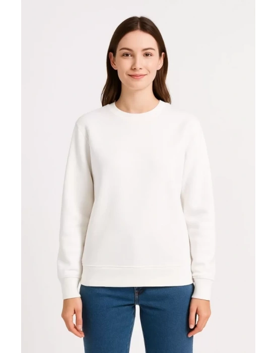 Üç İplik Düz Bisiklet Yaka SweatShirt - Beyaz