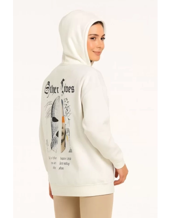 Üç İplik Kapşonlu ön Ve Arka Baskılı SweatShirt Hoodie- Beyaz