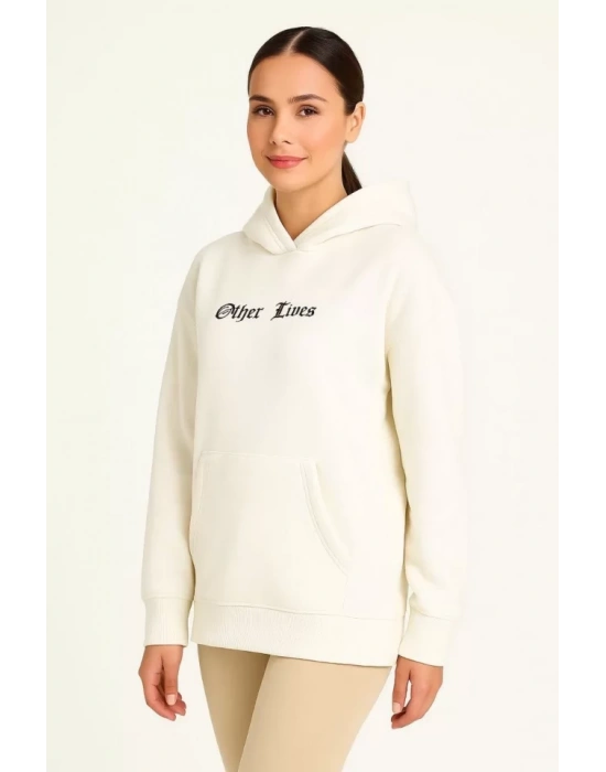 Üç İplik Kapşonlu ön Ve Arka Baskılı SweatShirt Hoodie- Beyaz