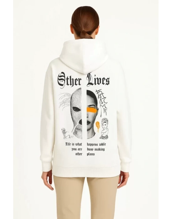 Üç İplik Kapşonlu ön Ve Arka Baskılı SweatShirt Hoodie- Beyaz