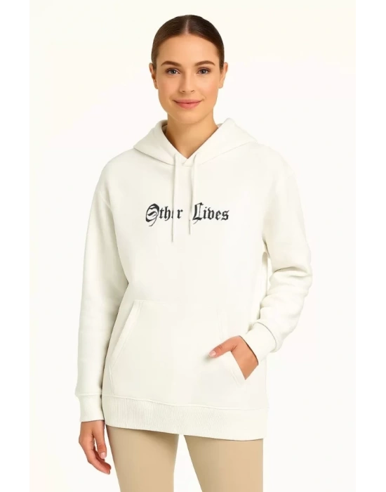Üç İplik Kapşonlu ön Ve Arka Baskılı SweatShirt Hoodie- Beyaz