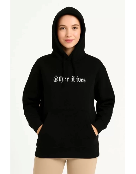 Üç İplik Kapşonlu ön Ve Arka Baskılı SweatShirt Hoodie- Siyah