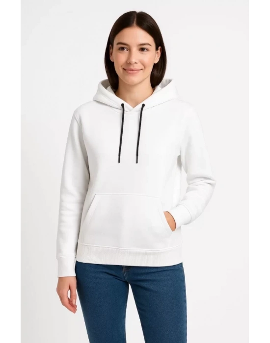 Üç İplik Kapüşonlu Kanguru Çepli SweatShirt Hoodie - Beyaz
