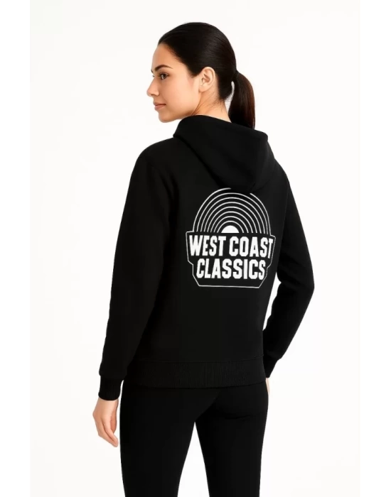 Üç İplik Kapüşonlu Ön Ve Arka Baskılı SweatShirt Hoodie - Siyah