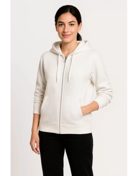 Üç İplik Kapüşonlu Tam Fermuarlı Kanguru Çepli SweatShirt Hoodie - Beyaz
