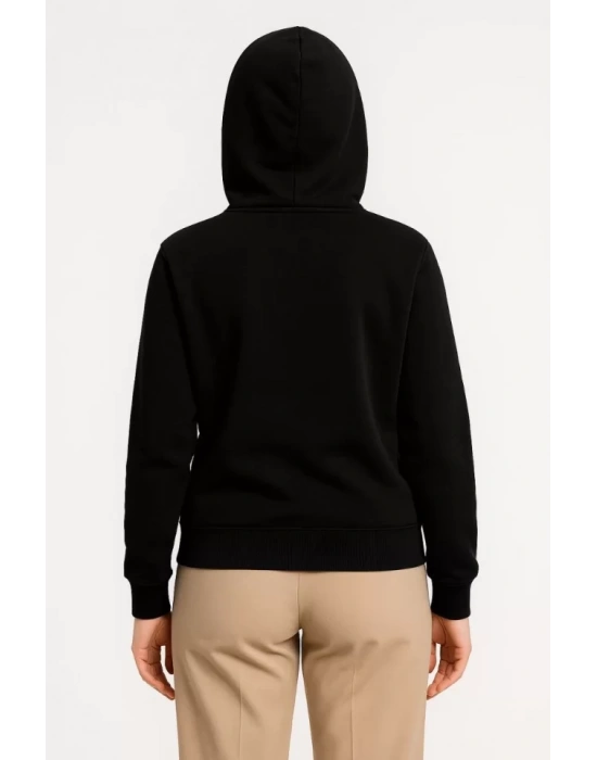Üç İplik Kapüşonlu Tam Fermuarlı Kanguru Çepli SweatShirt Hoodie - Siyah