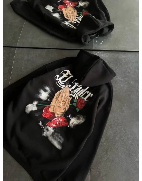 Üç İplik Penye Uzun Kol Kapşonlu Baskılı SweatShirt - Siyah