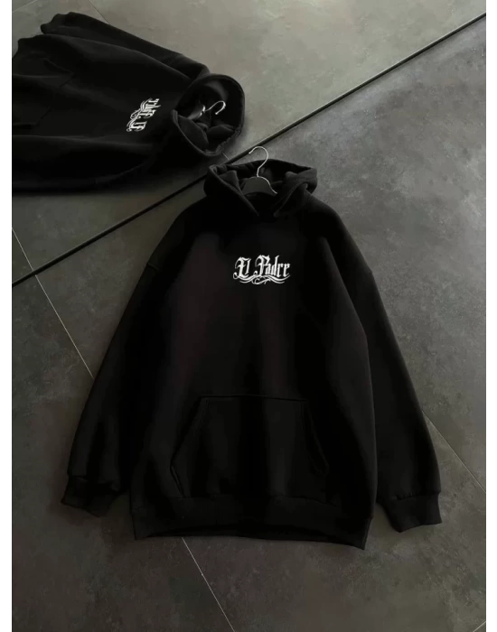 Üç İplik Penye Uzun Kol Kapşonlu Baskılı SweatShirt - Siyah